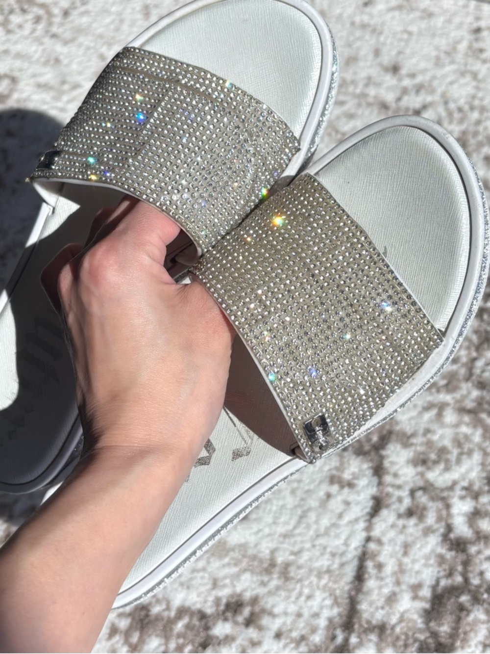 Y2K Juicy Couture Yippy White Slide Sandals with Silver Crystal Rhinestones - Picture 3 of 12